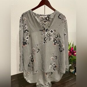 Black Rainn Black and White Striped Floral Blouse